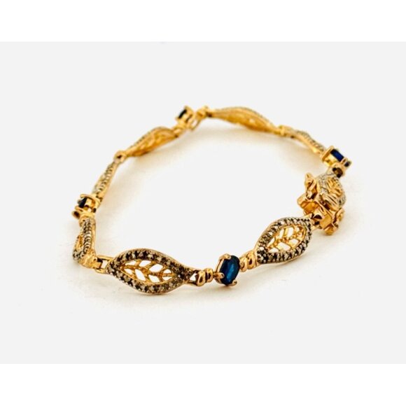 Estate 925 Gold Vermeil Blue Sapphire Tennis Bracelet 7” Two-Tone 8.4g - Picture 4 of 9